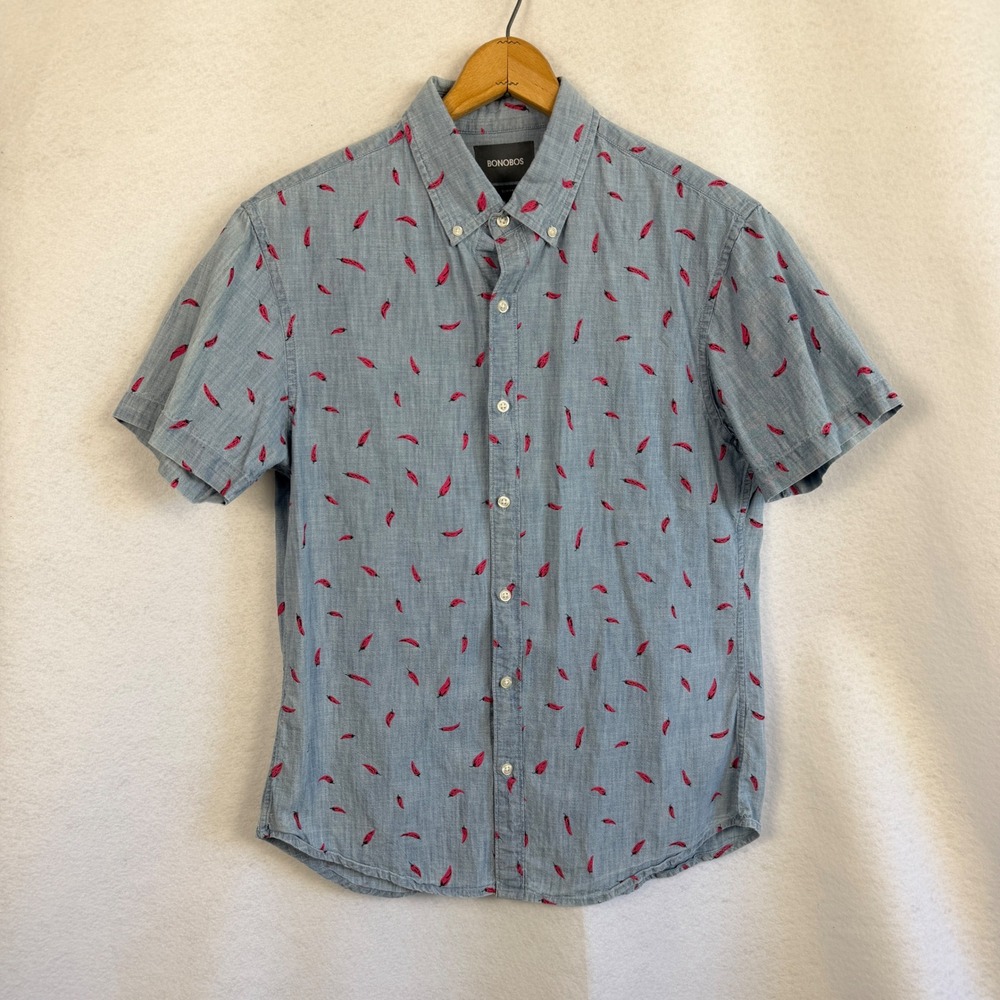 Bonobos Mens Large Slim Fit Short Sleeve Chili Pepper Button Down Shirt Blue - Picture 2 of 9